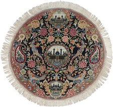 Täbriz Teppich Orient Perser Rug Schwarz Altrosa Korkwolle Rund Design Königlich