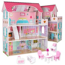 Puppenhaus XXL Großes Holz Puppen Haus Spielhaus Stadtvilla Set mit Möbel Rosa