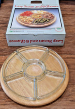 Vintage T & G Woodware Glas + Holz Lazy Susan drehbares Serviertablett verpackt