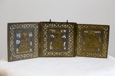 Antike Reiseikone 3 Felder, Russland 18. Jhd., Bronze, emailliert