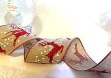 Weihnachten FESTLICHES RENTIER / HIRSCH Sackleinen Stil - Luxus Draht Kantenband 63 mm