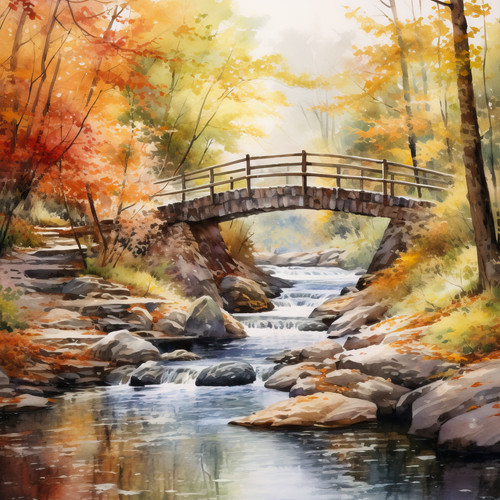 Wandbild bach brücke wald - bach,
