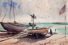 Original Aquarell Boote Meer