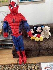 SPIDERMAN MUSKELKOSTÜM OVERALL MIT STULPEN &HAUBE GR. JUNIOR S 128/134 ROT/BLAU