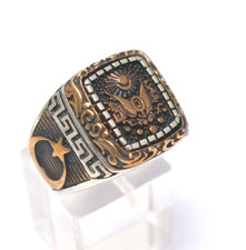 toller Herren Siegel Ring teilvergoldet orientalische Symbole 925er Silber RG.62