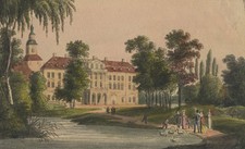 DRESDEN - Schloss und Schlosskirche zu Lockwitz - kol. Umrissradierung, um 1820