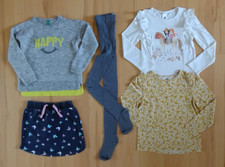 6 Teile in Größe 122, Pullover, Leggins, 2 T-Shirts, Rock, Strumpfhose GRAU-GELB
