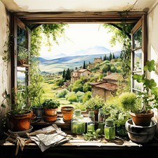 Wandbild Fenster mit Kräutern Toskana Landschaft Mediterran Deko Bild Dekofliese