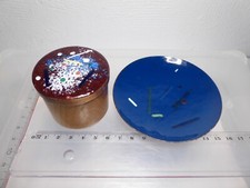 70/80er J. Kupfer m. Emaille blau / braun bunte Punkte Striche + Holzdose 134 g