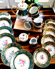 * MZ Kaffee-SERVICE Grün + Gold 23 Einheiten * Czechoslovakia / Moritz Zdekauer 