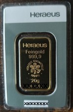 Goldbarren 20g /Gramm 999.9 Gold  „Heraeus“ Zertifiziert - Blister Verpackung