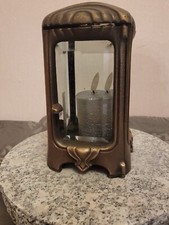 Grablicht Messing geschliffenes Glas auf Granitplatte rund mit LED Kerze