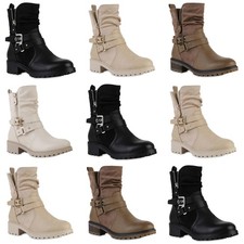 Damen Leicht Gefütterte Biker Boots Stiefeletten Schnallen Schuhe 841452 Mode
