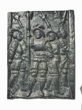 Ofenplatte Gusseisen 25,5 cm x 19,5 cm Kaminplatte Reliefbild Landsknechte Eisen