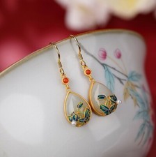 I02 Cloisonne Ohrring Blüte Tropfen aus Jade Silber 925 vergoldet Achat Perle