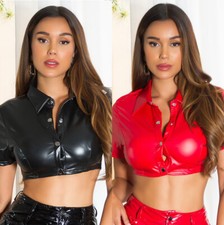 Koucla Crop Top Wetlook Lederlook Bluse Damen Shirt kurzarm mit Knöpfen