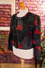 Vintage orig 90er Patchwork Lederjacke Velours rot schwarz kragenlos M