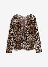 Langarmshirt mit Raff-Details Gr. 48/50 Natur Schwarz Braun Leo Damenshirt Neu