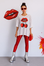 Unikat Oversize Shirt Lagenlook Kirsche Häkel Netz weiß rot EG handmade neu