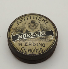 antike Miniatur Blechdose Borsalbe, Apotheke Ch. Nöthig, Erding