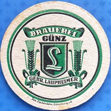 Alter Bierdeckel Brauerei Gebr. Laupheimer Günz um 1950 mit Impressum