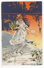 AK Neujahr, Prägekarte, Mädchen im weißen Sternenkleid mit Brief und Blumen