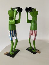 Frosch Fernglas Handarbeit Metall Skulptur Gartendeko Gartenfigur Teich blau