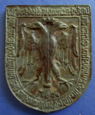 Antike gusseiserne Plakette/Wappen Doppeladler altdeutscher Schrift,8,3 x 6,7 cm