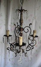 Frankreich Decken-Lampe Kronleuchter 3-flammig Lüster Bronze Kristall um 1900