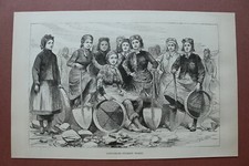 L6a) Holzstich Lancashire 1887 pit-brow women Schaufel Sieb England 18x28cm