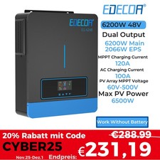 EDECOA 6.2KW Hybrid Solar Inverter 48V 6200W MPPT 120A PV 60-500VDC Battery-Free