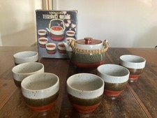 Tee-Set Teeservice aus Keramik  Steinzeug Teekanne + 6Tassen Bambusgriff 80er