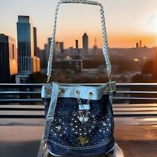 Damen Handtasche Jeans Denim Glitzersteine Silber oder Rot