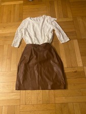 2-teilig: Spitzenbluse Damen , Esprit, XL, weiß u. Lederrock braun Gr. 42, Comma