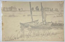 Ernst Eitner Original Bleistift Zeichnung, signiert 29x20 cm Flussufer mit Boote