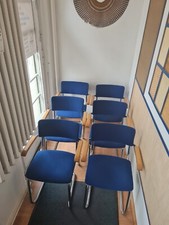 6 Thonet S 43 PVF Stahlrohrstuhl, Freischwinger, Formholz-Schale gepolstert blau