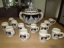 historisches Steingut Bowle Service Gefäß + 12 Becher Burgenansichten Rhein 1929