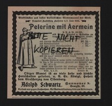 HANNOVER, Werbung 1903, Adolph Schwartz Pelerine mit Ärmeln Loden
