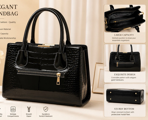 Damen handtasche schwarz kroko - schwarz,