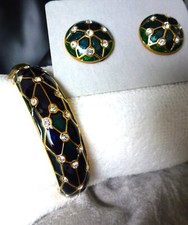 ?Armreif mit Ohrringen Clip vergoldet, Emaille u. Kristalle