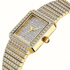 Damenuhr mit Strass, elegante Damen Armbanduhr Gold Strass
