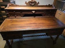 Antiker Schreibtisch Eiche Massiv 9 Schubladen Schnitzereien 145x75x120cm