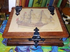 Vintage Schmuckschatulle aus Holz in Form eines Buches mit Klappdeckel maritimes Motiv