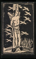 Künstler-AK Berlin, Deutscher Luftfahrtverband, Engel in Ketten an einen Pfahl  