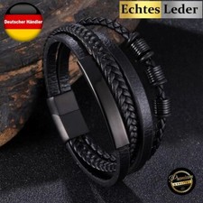 Herren Armband Schwarz Echtes Leder Edelstahl Magnetverschluss Männer DE