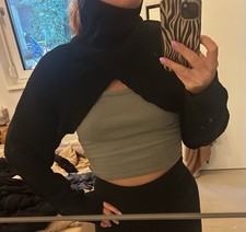 Rollkragen Pullover Bolero Cropped Bauchfrei Schwarz Strick Neu Gr. S