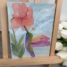 Handgemalt Aquarell Karte Bild A6 Gemälde Kolibri Flug Hibiskus Blüte Vogel