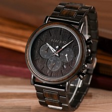 Holzuhr Holz Edelstahl Armbanduhr Chronograph Männeruhr Luxusuhr Geburtstag Neu