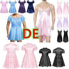 Herren Satin Nachtkleid Kurzarm Nachthemd Spitzenbesatz Nachtwäsche Reizwäsche