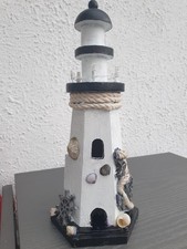 Handgemalt-Deko Leuchtturm- schwarz/ weiß  LED Deko Maritim Holz 27 cm